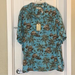 Caribbean Hawaiian Aloha Teal Blue Tiki Hut Button Down Silk Shirt Size 4XB